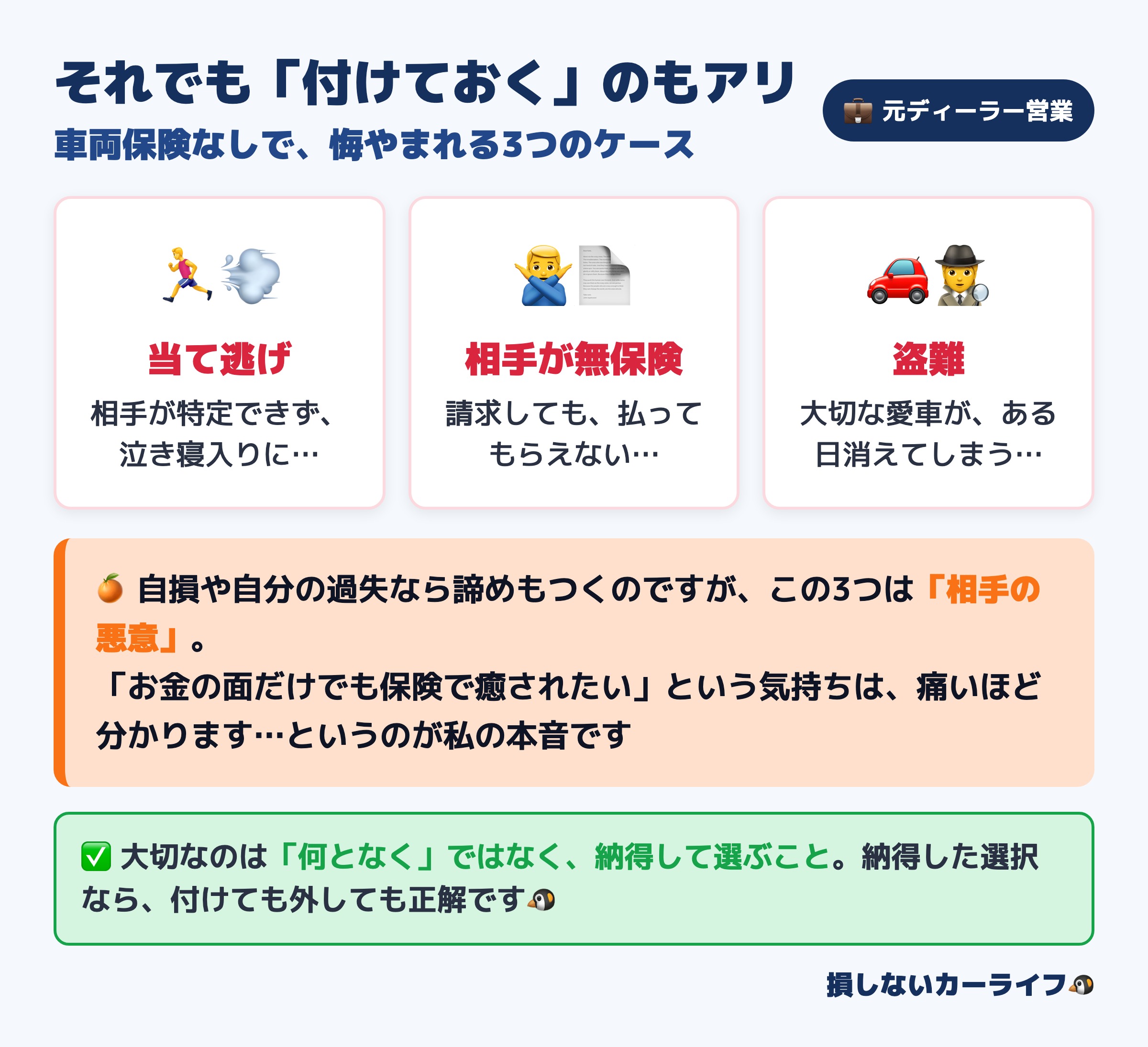 車両保険なしで悔やまれる3つのケース|当て逃げ・相手が無保険・盗難