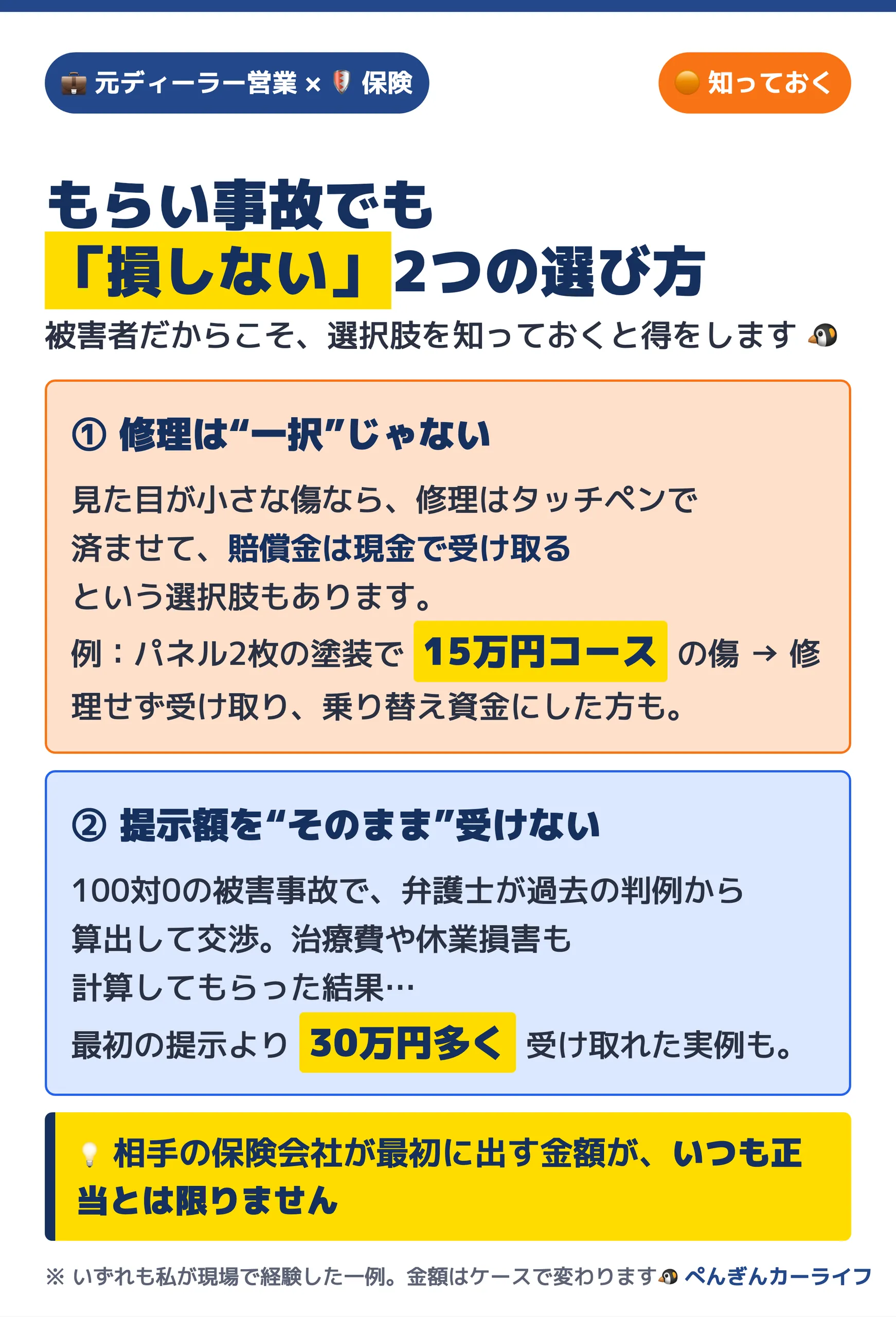 もらい事故で損しない2つの選び方：修理は一択ではなく賠償金を現金で受け取る選択肢と、提示額をそのまま受けないこと - ぺんぎんカーライフ