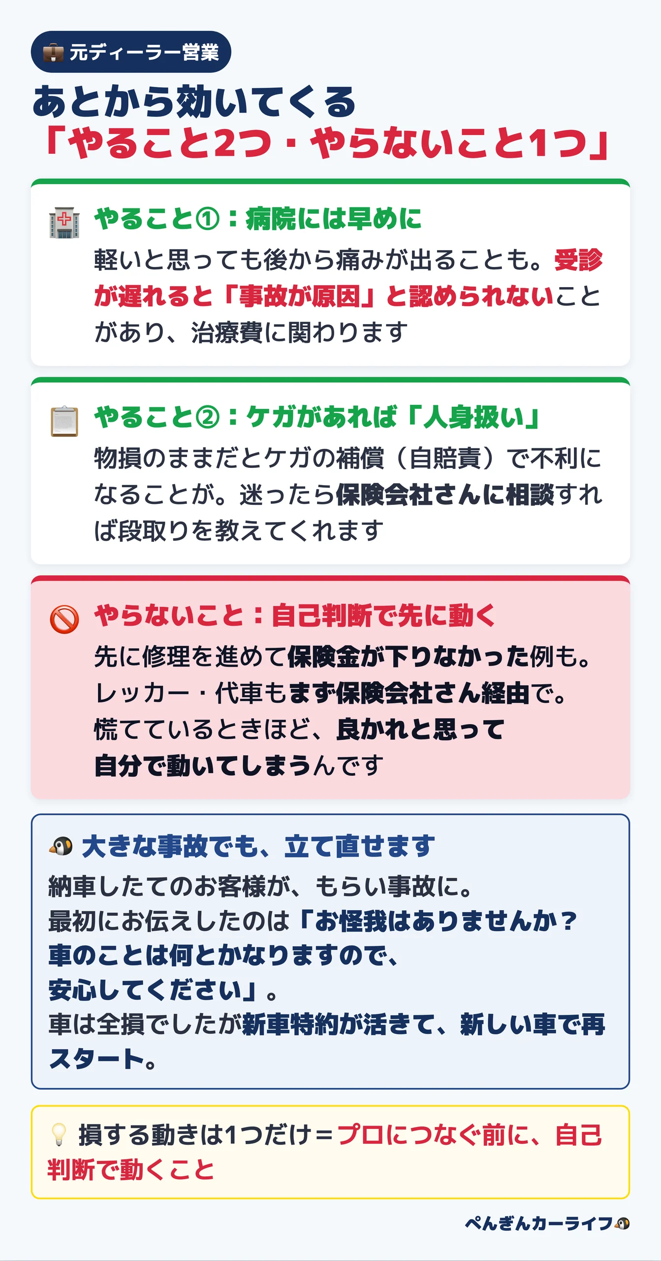 事故のあとから効いてくる2つのやること(病院には早めに・ケガがあれば人身扱い)と1つのやらないこと(自己判断で先に動く)、新車特約で立て直せた実例