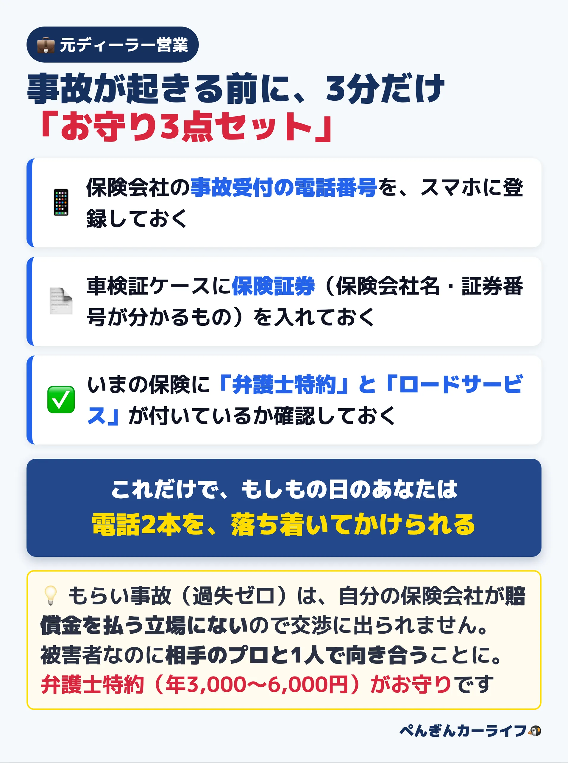 事故が起きる前のお守り3点セット:保険会社の事故受付番号をスマホに登録・車検証ケースに保険証券・弁護士特約とロードサービスの確認と、年3,000〜6,000円でお守りになる理由