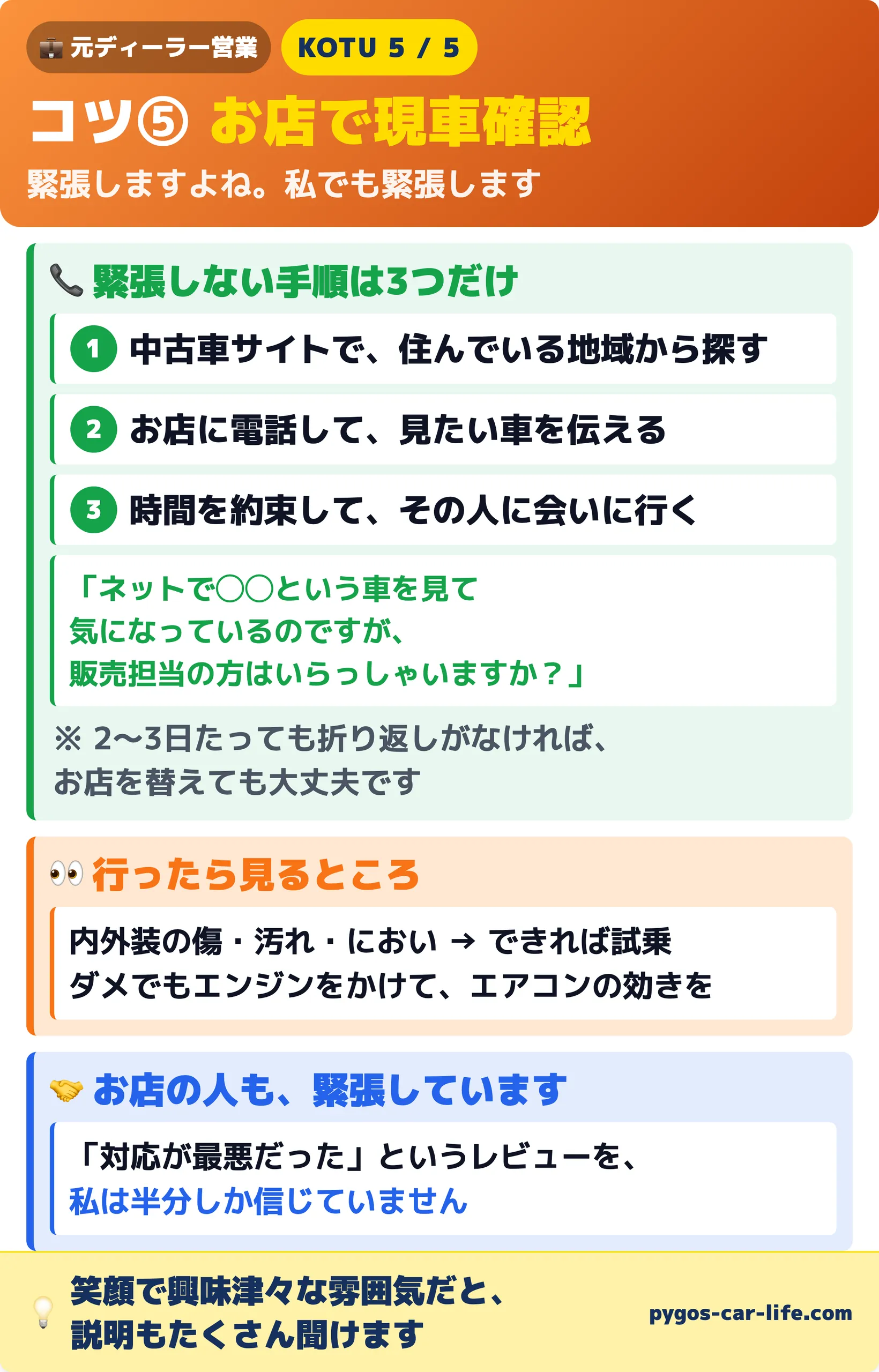 コツ5 お店で現車確認｜緊張しない3手順と電話のセリフ