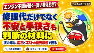 エンジン不調が続く車の買い替え判断。修理代だけでなく不安と手狭さも材料に、次の車は広さとコストで絞る