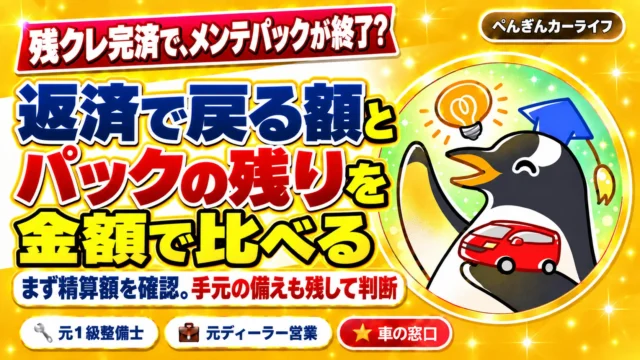 残クレ完済とメンテパック。返済で戻る額とパックの残りを金額で比べ、手元の備えも残して判断