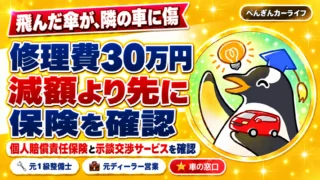 飛んだ傘が隣の車に傷。修理費30万円、減額より先に個人賠償責任保険と示談交渉サービスを確認